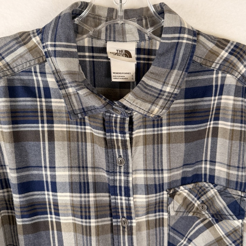 NorthFace Womens Flannel Shirt Blue Gray Tan Plaid Button Up Pocket Outdoor Sz L